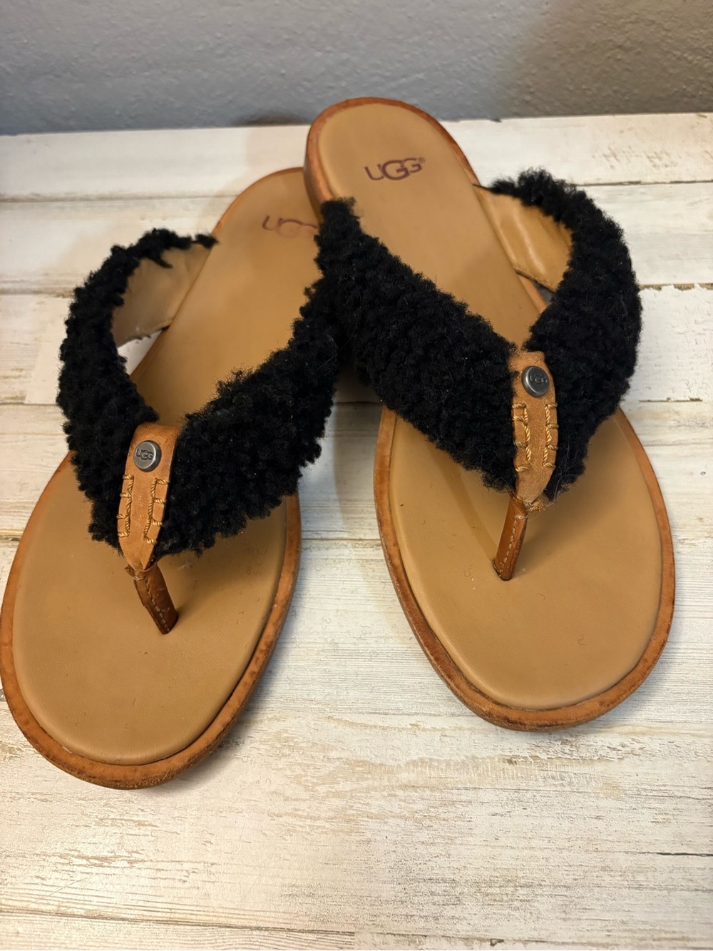 UGG Black Shearling and Tan Leather Thong Sandals for Women
